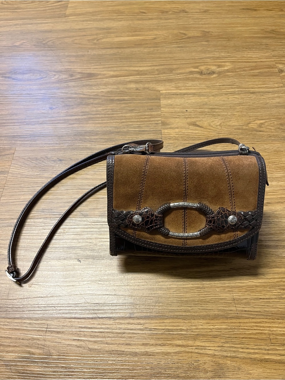 Brighton Brown Leather Suede Croc Embossed Organizer Crossbody Bag Purse